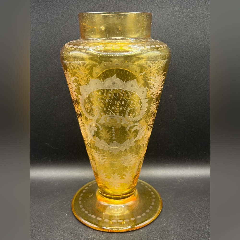 Vintage Bohemian Etched Yellow Pastoral Castle Rabbit Bird Landscape Glass Vase - Picture 2 of 16